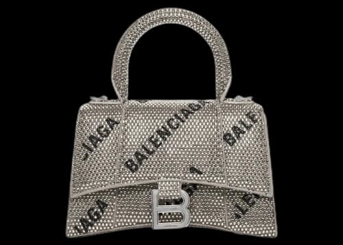 Balenciaga Hourglass XS Handbag With Chain and Allover Logo Rhinestones Black