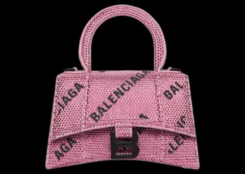 Balenciaga Hourglass XS Handbag With Chain and Allover Logo Rhinestones Pink/Black