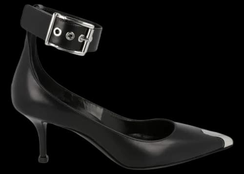 Alexander McQueen Buckle Leather Heels Black Silver (Women's)