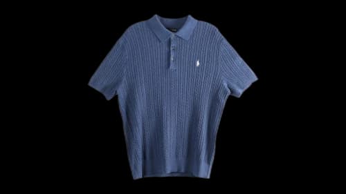Polo Ralph Lauren Featherweight Cable Knit 3-Button Placket Polo Short-Sleeve Sweater Rustic Navy Heather