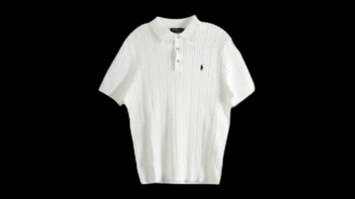 Polo Ralph Lauren Featherweight Cable Knit 3-Button Placket Polo Short-Sleeve Sweater Deckwash White/Navy