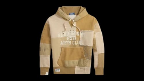 Polo Ralph Lauren Original Label Long-Sleeve Vintage Fleece Patchwork RL Arts Club Print Hoodie Montana Khaki Multicolor