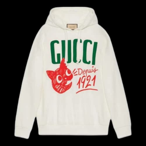 Gucci Cotton jersey hooded sweatshirt with Gucci Depuis 1921 cat print 'White' (Women's)