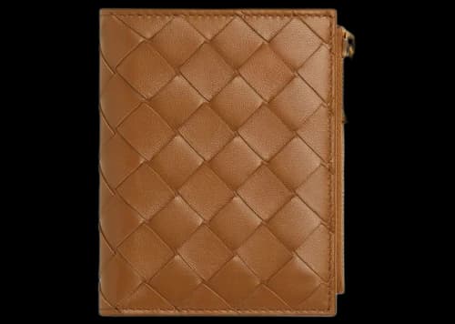 Bottega Veneta Small Bi-Fold Zip Wallet Intreccio Wood