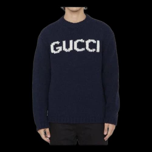 Gucci Knit Wool Jumper With Gucci Intarsia 'Blue Ivory'