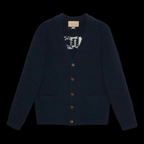 Gucci Knit Wool Cardigan With Gucci Intarsia 'Dark Blue'