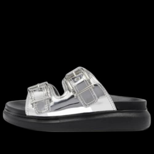 Alexander McQueen Gabine Buckled Leather Slides 'Silver Black' (Women's)