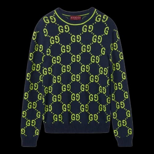 Gucci GG Cotton Jacquard Crewneck Sweater 'Navy Lime Green'
