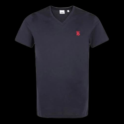 Burberry Pattern V neck Cotton Short Sleeve Dark Blue