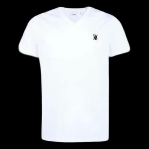 Burberry Logo Embroidered Pattern V neck Cotton Short Sleeve White