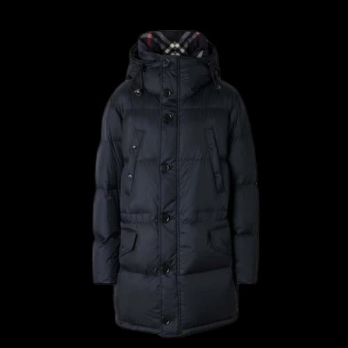 Burberry Check Hooded Puffer Long Down Jacket Navy