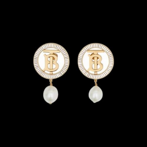 Burberry Pearl Detail Gold-Plated Monogram Motif Earrings 'Gold'