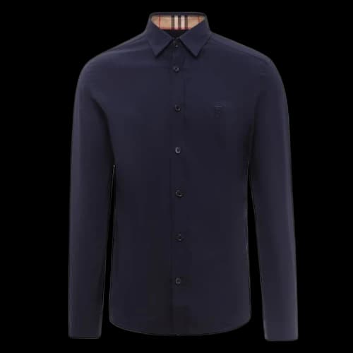 Burberry Slim Fit Monogram Motif Stretch Cotton Poplin Shirt Navy