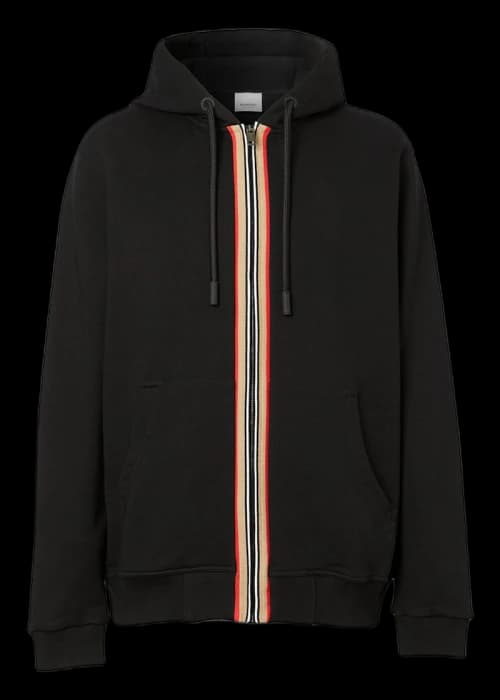 Burberry Icon Stripe Detail Cotton Zip-Front Hooded Sweatshirt Black/Beige