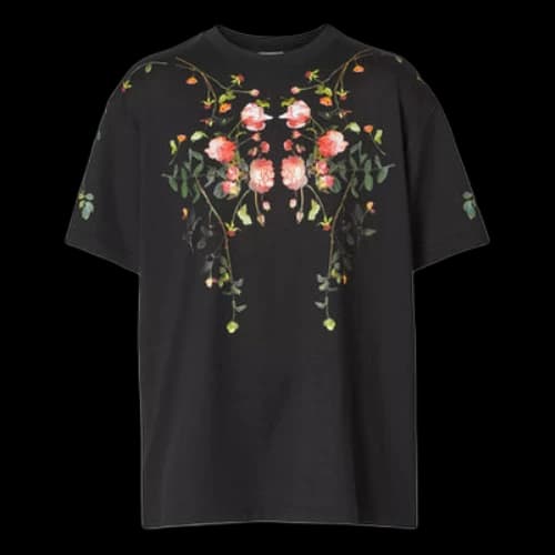 Burberry Rose Printing Cotton Loose Short Sleeve Black