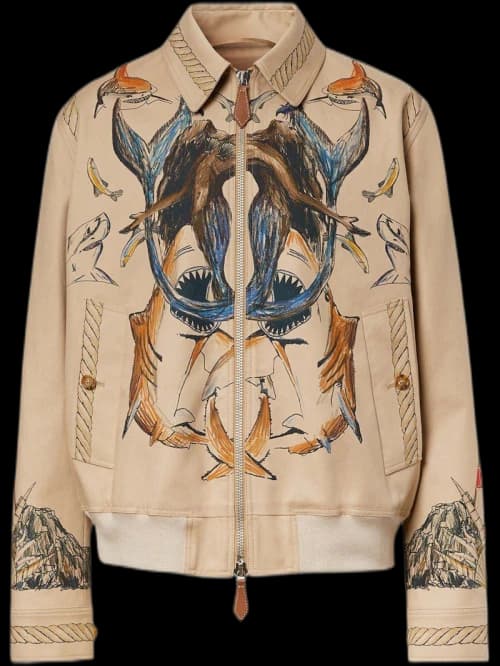 Burberry Marine Sketch-Print Harrington Jacket Beige/Multi