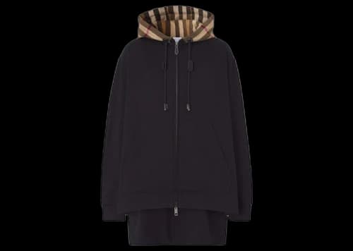 Burberry Check Hood Zip Up Hoodie Black Beige