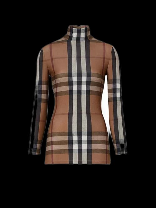 Burberry Woman Stretch Jersey with Tartan Motif Top Brown