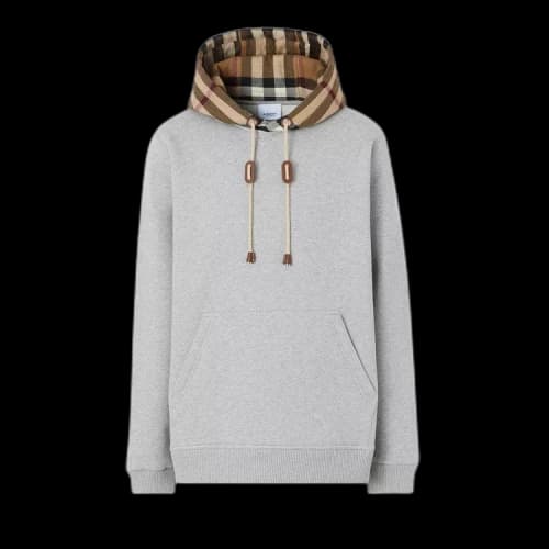 Burberry Check Hood Cotton Blend Hooded Sweatshirt Gray/Beige