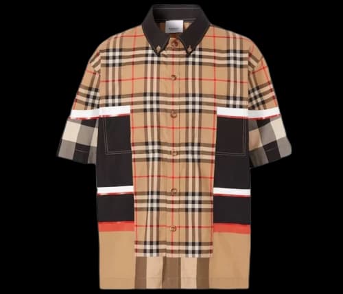 Burberry Short-Sleeve Patchwork Check Cotton Shirt Archive Beige