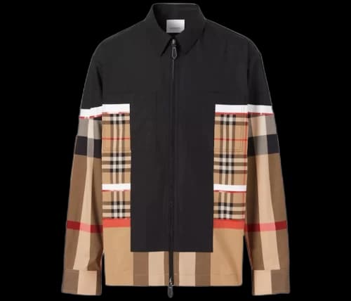 Burberry Patchwork Check Cotton Zip-Front Shirt Archive Beige