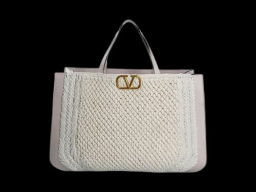 Valentino V'Logo Signature Crochet Raffia Tote Bag Grey/White