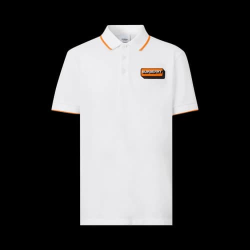 Burberry Logo Applique Cotton Pique Polo Shirt White/Orange