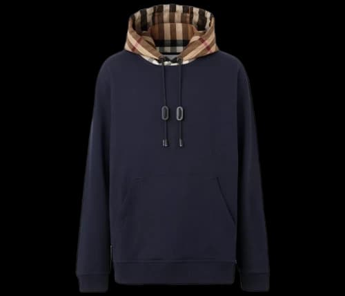 Burberry Check Hood Cotton Hoodie Coal Blue