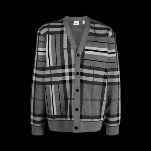 Burberry Check And Stripe Wool Jacquard Cardigan 'Flint Melange'