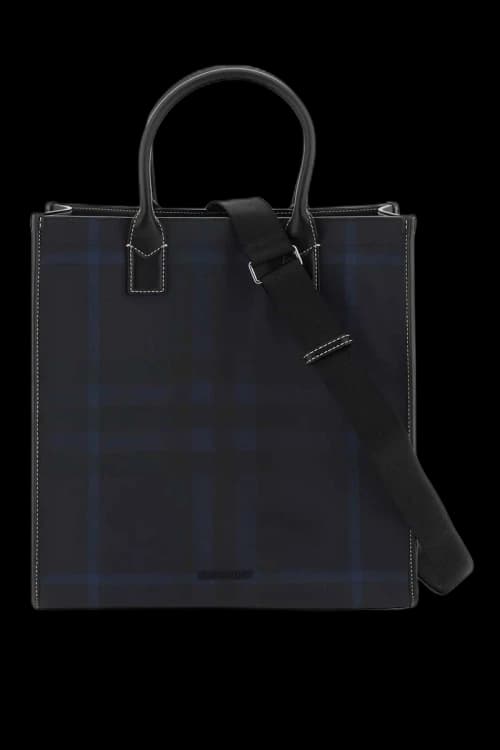 Burberry Logo Plaque Checked Tote Navy