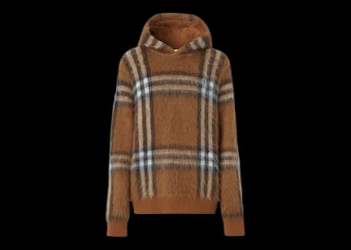 Burberry Exaggerated Check Wool Mohair Blend Hoodie Dark Birch Brown