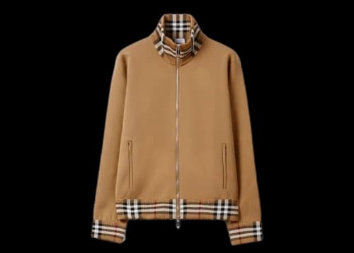 Burberry Check Trim Viscose Blend Track Jacket Camel