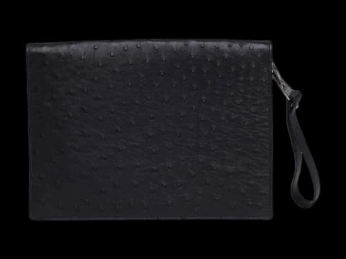 Bottega Veneta Ostrich Leather Document Case Wristlet Black
