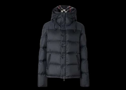 Burberry Lockwell Detachable Sleeve Check Hooded Puffer Down Jacket Navy