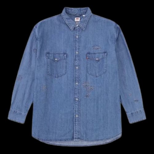 LEVI'S Levis Irregular Embroidered Pattern Lapel Denim Long Sleeves Blue Shirt