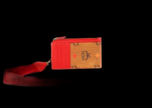 MCM Spectrum Diamond Visetos Card Case Wallet Lanyard Cognac