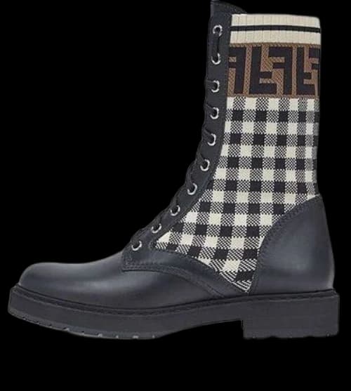 FENDI Black leather biker boots with stretch fabric 'Black White' (Women's)