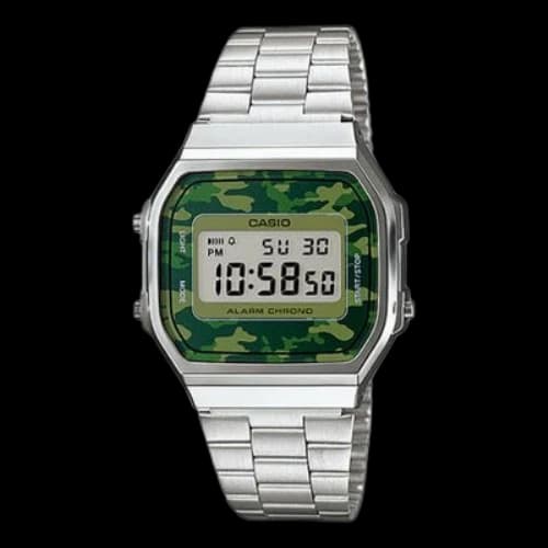 CASIO Square Retro Camouflage Dial Stainless Steel Strap Unisex Watch Analog