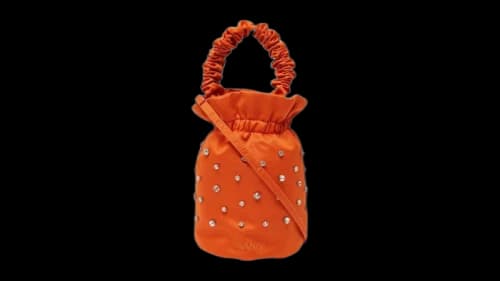 Ganni Crystal Embossed Satin Top Bucket Bag Orange