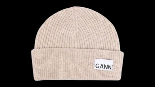 Ganni Wool Blend Ribbed-Knit Beanie Brazilian Sand