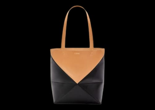 LOEWE Puzzle Fold Tote in Shiny Calfskin Warm Desert/Black