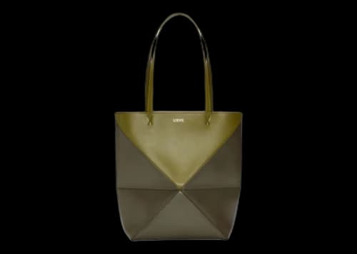 LOEWE Puzzle Fold Tote in Shiny Calfskin Olive Green/Khaki Green