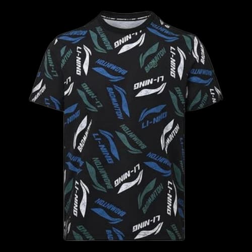 Li-Ning Badminton Series Full Print Logo Quick Dry Round Neck Short Sleeve Black