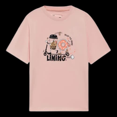 Li-Ning Sports Fashion Series Cartoon Logo Printing Sports Round Neck Short Sleeve Pink T-Shirt
