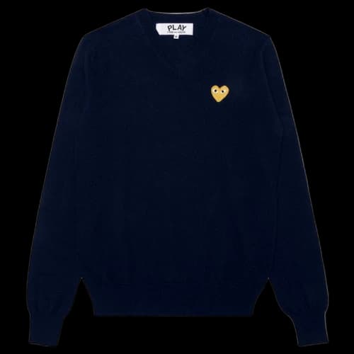 Comme des Garcons Play Women's Gold Heart V Neck Sweater Navy