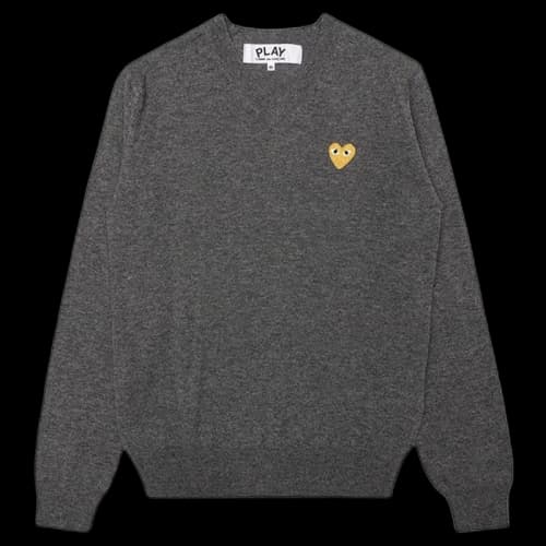 Comme des Garcons Play Gold Heart V Neck Sweater Grey