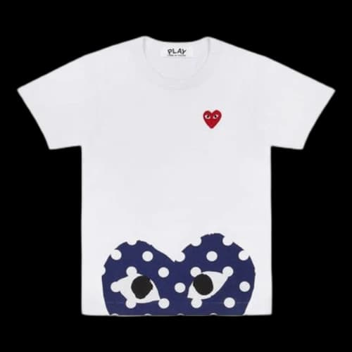 COMME des GARCONS PLAY Blue polka dots Pattern Short Sleeve White
