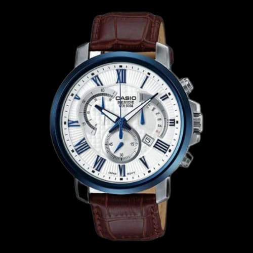 CASIO Beside Leather Strap 50m Waterproof 44mm Japanese/Korean Style Watch Brown Mens White Analog
