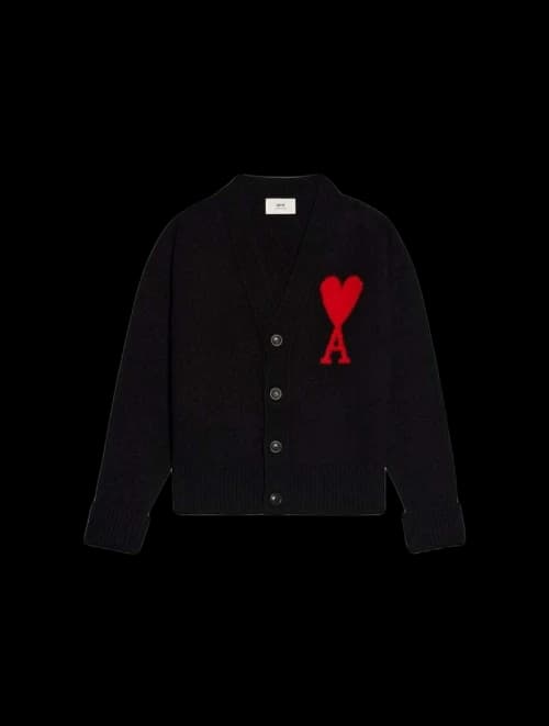Ami Paris Ami De Coeur Felted Merino Wool Cardigan Black/Red