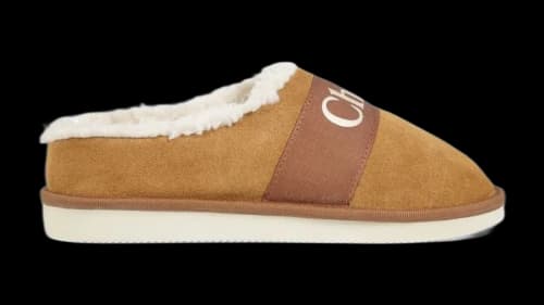 Chloe Logo-Print Strap Fleece-Texture Slippers Brown (GS)